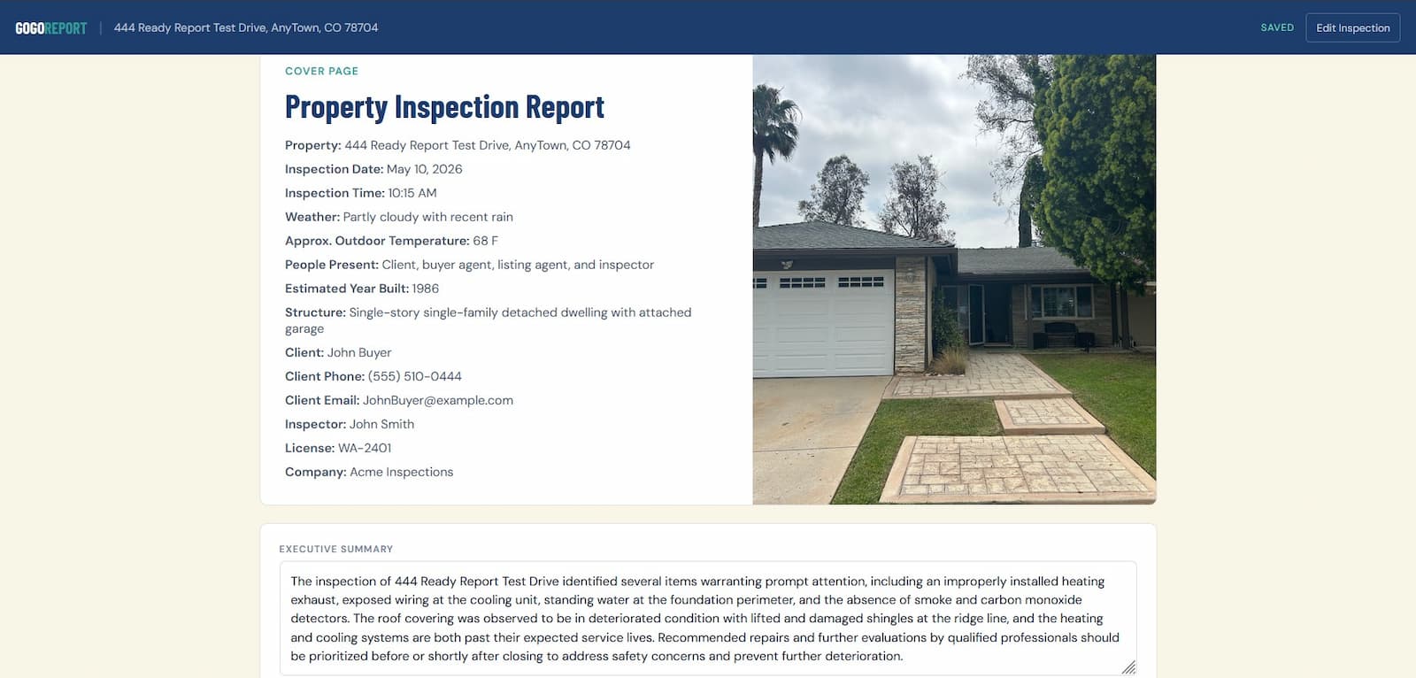 Sample GoGoReport PDF cover page with property photo, inspection details, company information, and client details